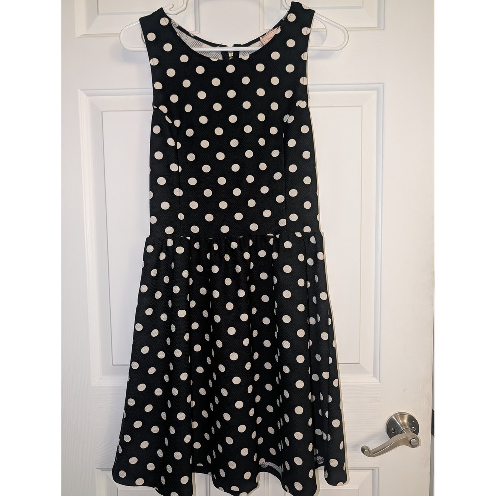 Love...ady Polka Dot Fit and Flare Dress Black White Waffle Knit Retro Twee M